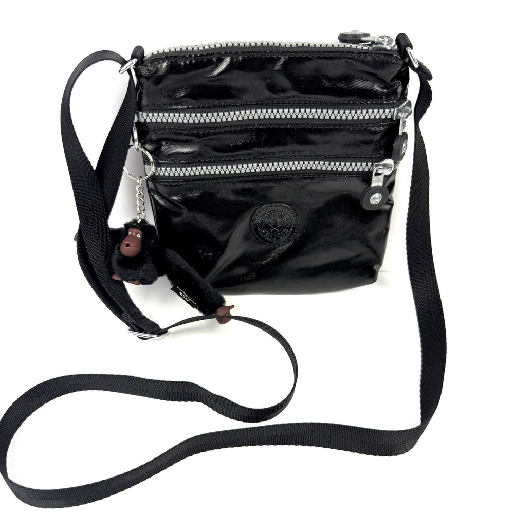 Kipling Alvar Crossbody Bag Small Shiny Black Triple Zip Monkey Charm NEW
